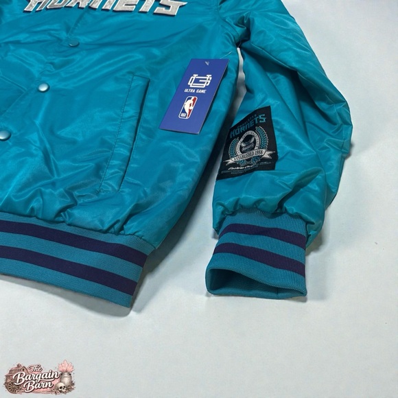 Charlotte Hornets Satin Bomber Jacket Ultra Game NBA Teal Snap Front NWT (Small) - Picture 2 of 5